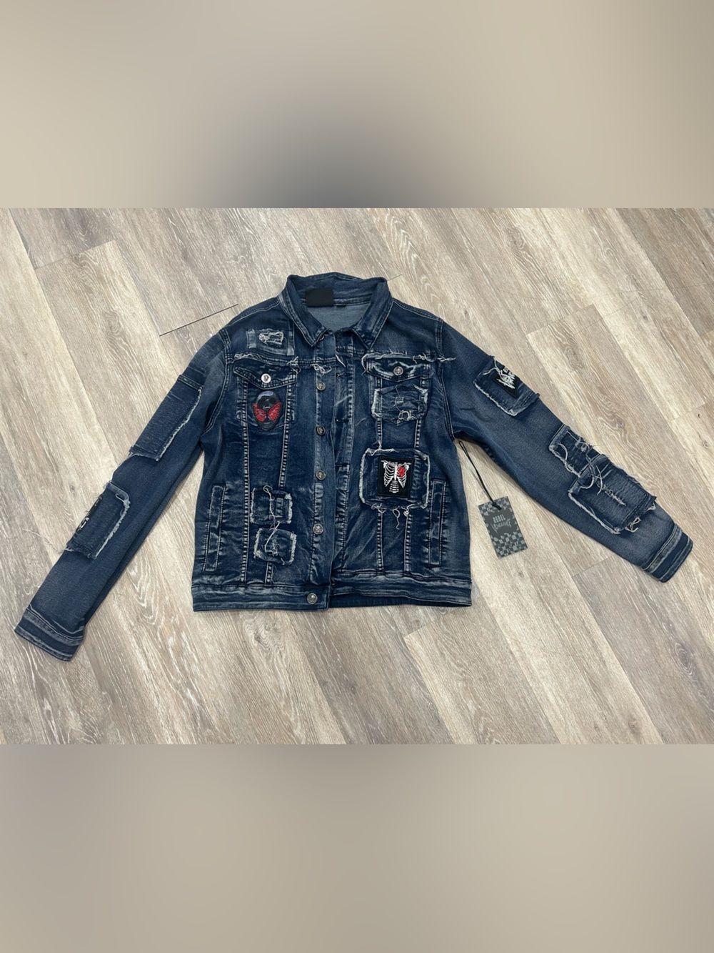 Dark Blue Distressed Denim Jacket for Kids with Patch Details